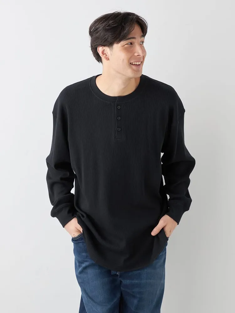 カーキー 【EL.FO】無地ワッフル編みヘンリーネック長袖Tシャツ