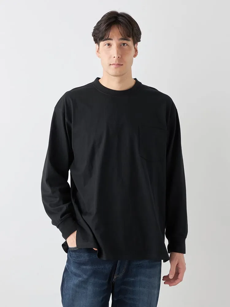 オレンジ 【EL.FO】無地ポケット付きタフ衿クルーネック長袖Tシャツ