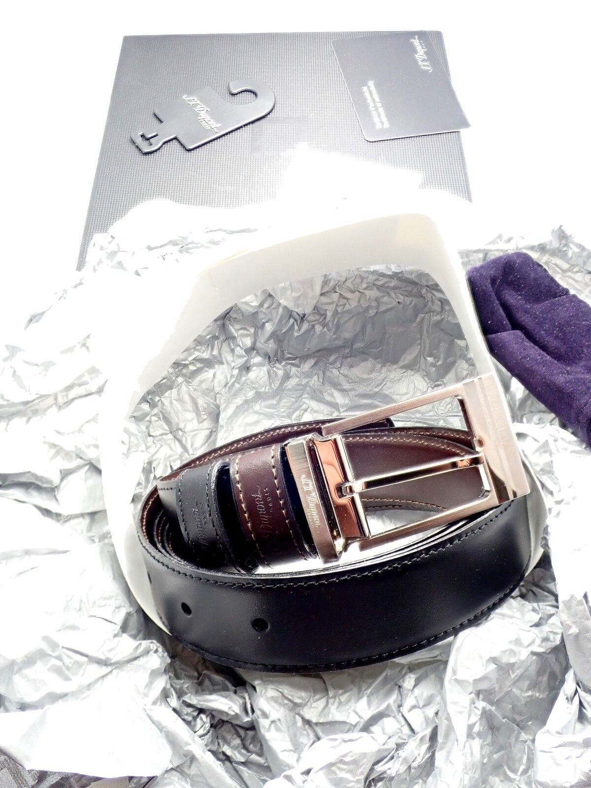 Authentic S. T. Dupont Black Leather Palladium Belt w/ Box + Card
