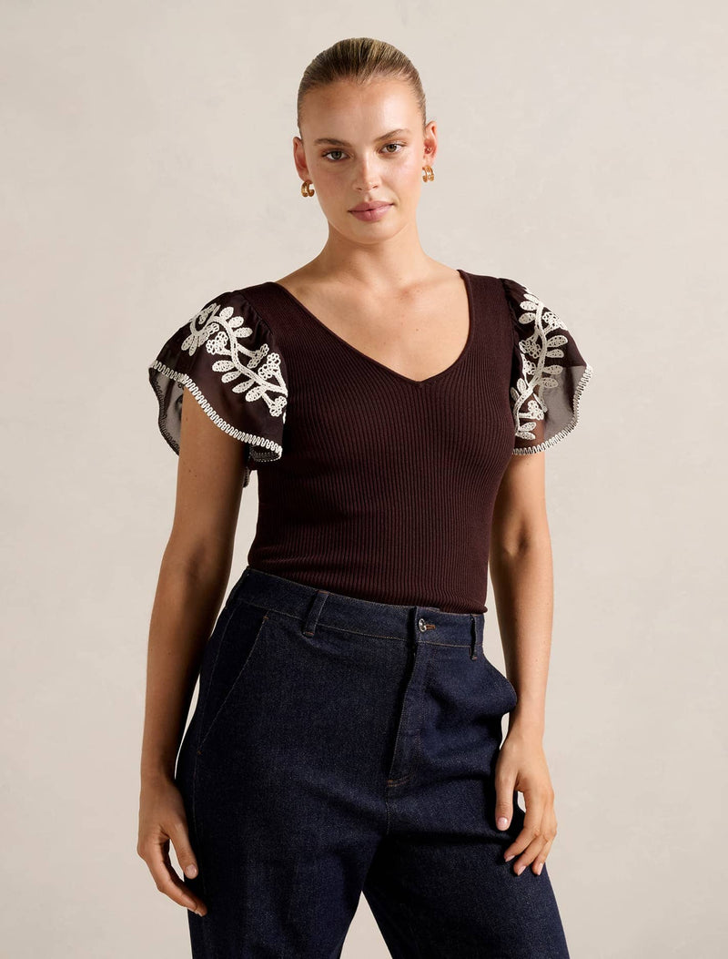 Elodie Frill Sleeve Knit Tank Top Chocolate | Forever New