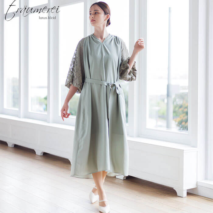 WEB限定｜フラワーレースのボリュームスリーブドレス 9号・グリーン