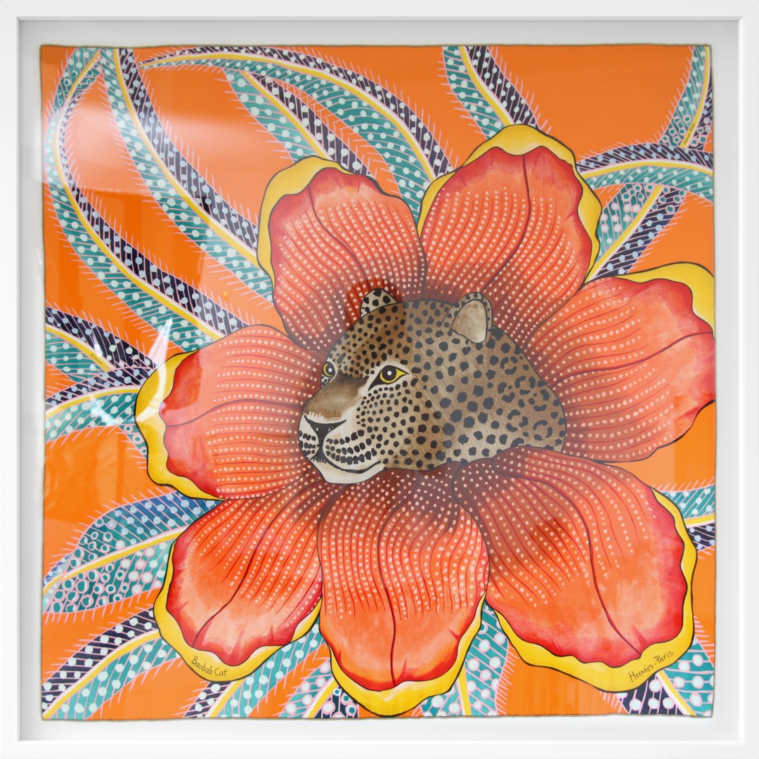 Hermès Baobab Cat by Ardmore – Framed Silk Scarf with Leopard