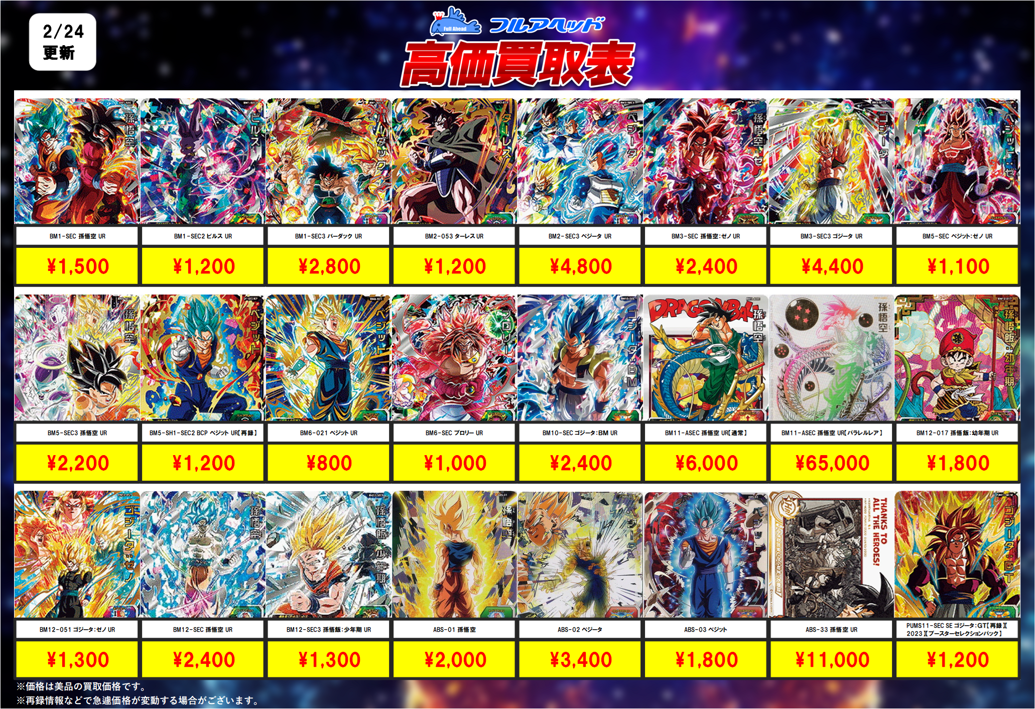 スーパードラゴンボールヒーローズ – 【フルアヘッド】高価買取表