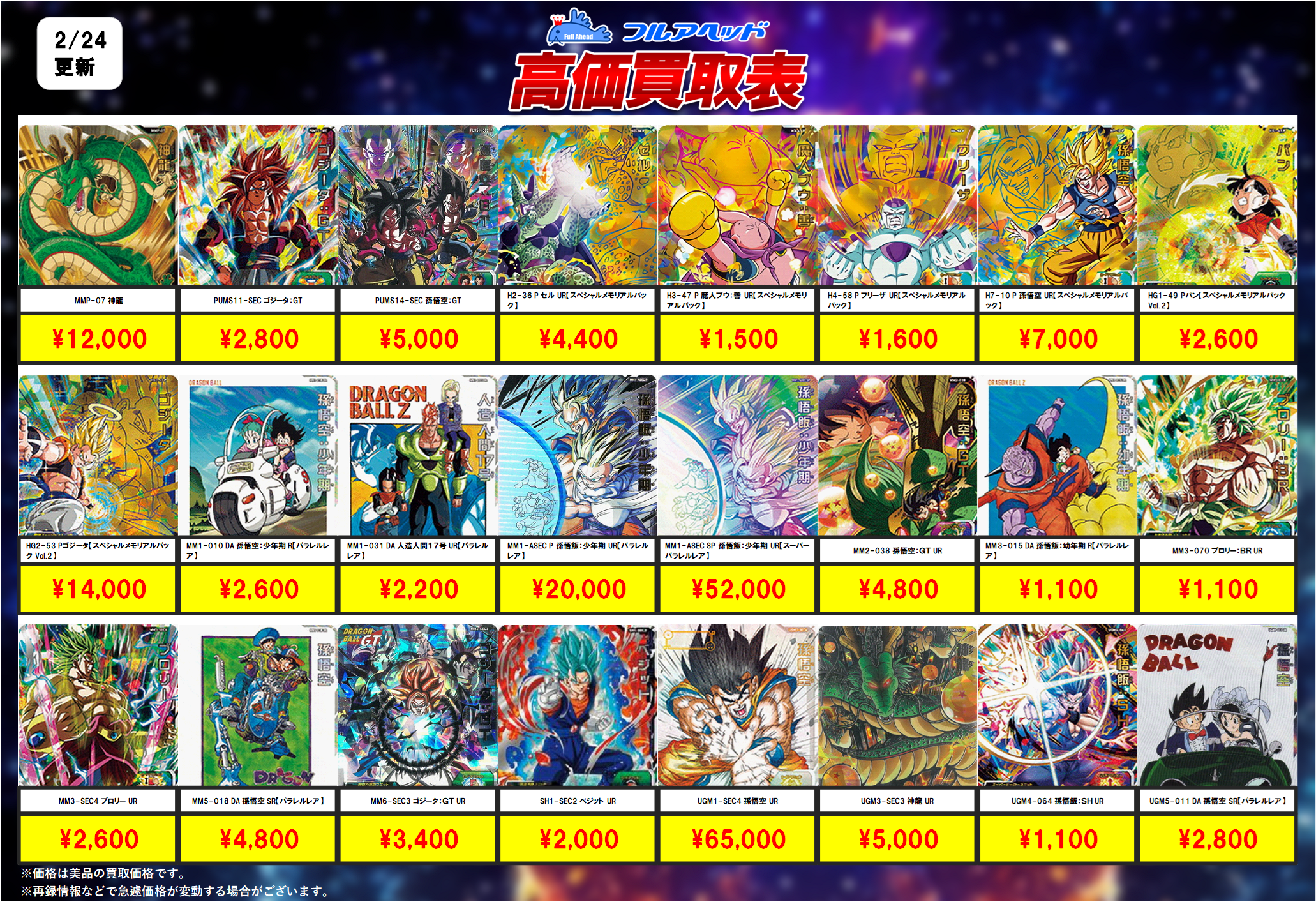 スーパードラゴンボールヒーローズ – 【フルアヘッド】高価買取表