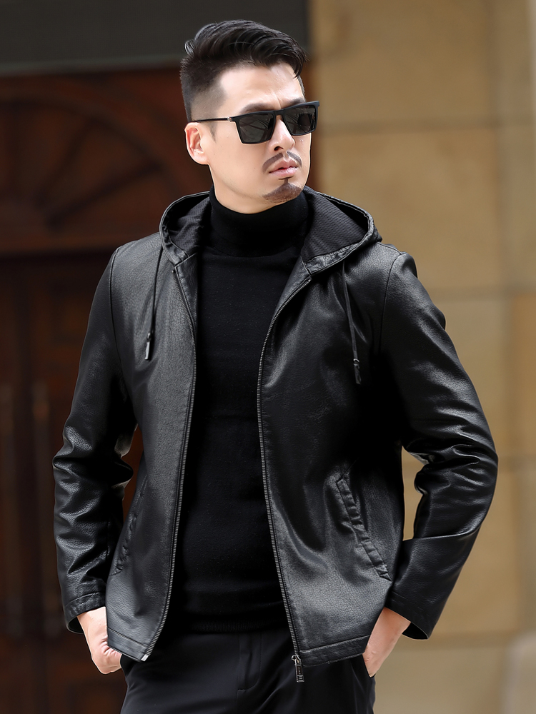 男性用本革フード付きレザージャケット ライダースジャケット