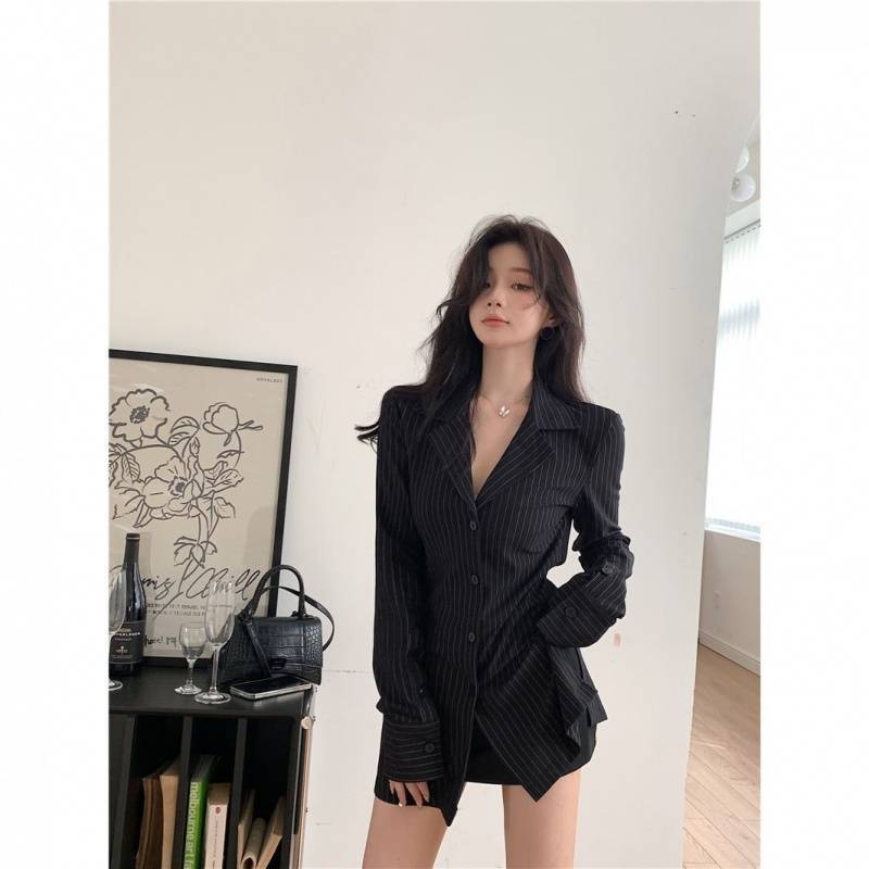 黒シャツ ストライプ柄オーバーサイズジャケット ストライプ シャツ|黒