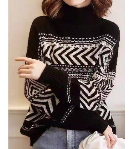 幾何学模様タートルネック長袖ニットセーター ニットセーター|イエベ
