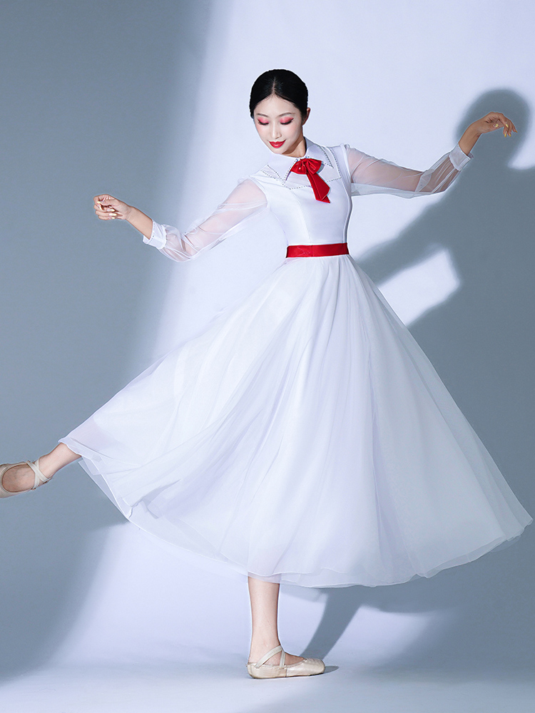 社交ダンス衣装 上品白色フレアワルツドレス モダン|社交 ダンス