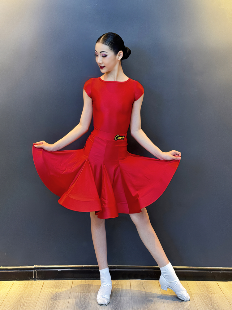 優雅なベルベット風長袖レース裾フレア社交ドレス ラテン|社交 ダンス