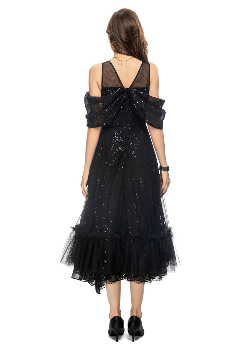 社交ダンス衣装 黒の煌めき長袖スパンコール装飾ドレス モダン|社交