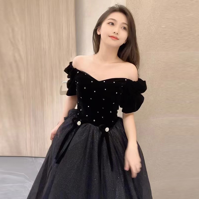 煌めくビジュー装飾オフショルダー社交ダンスセットアップ ヨーロッパ