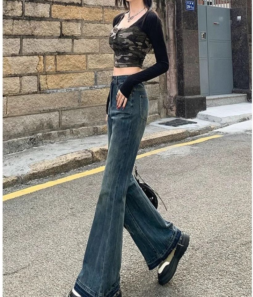 フレアパンツ ヴィンテージ風ワイドフレア長丈デニムパンツ デニム