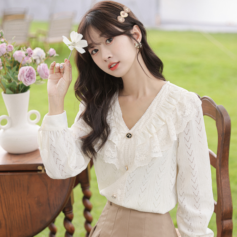 フリルブラウス レース襟付き フリルデザイン ブラウス 胸元 フリル