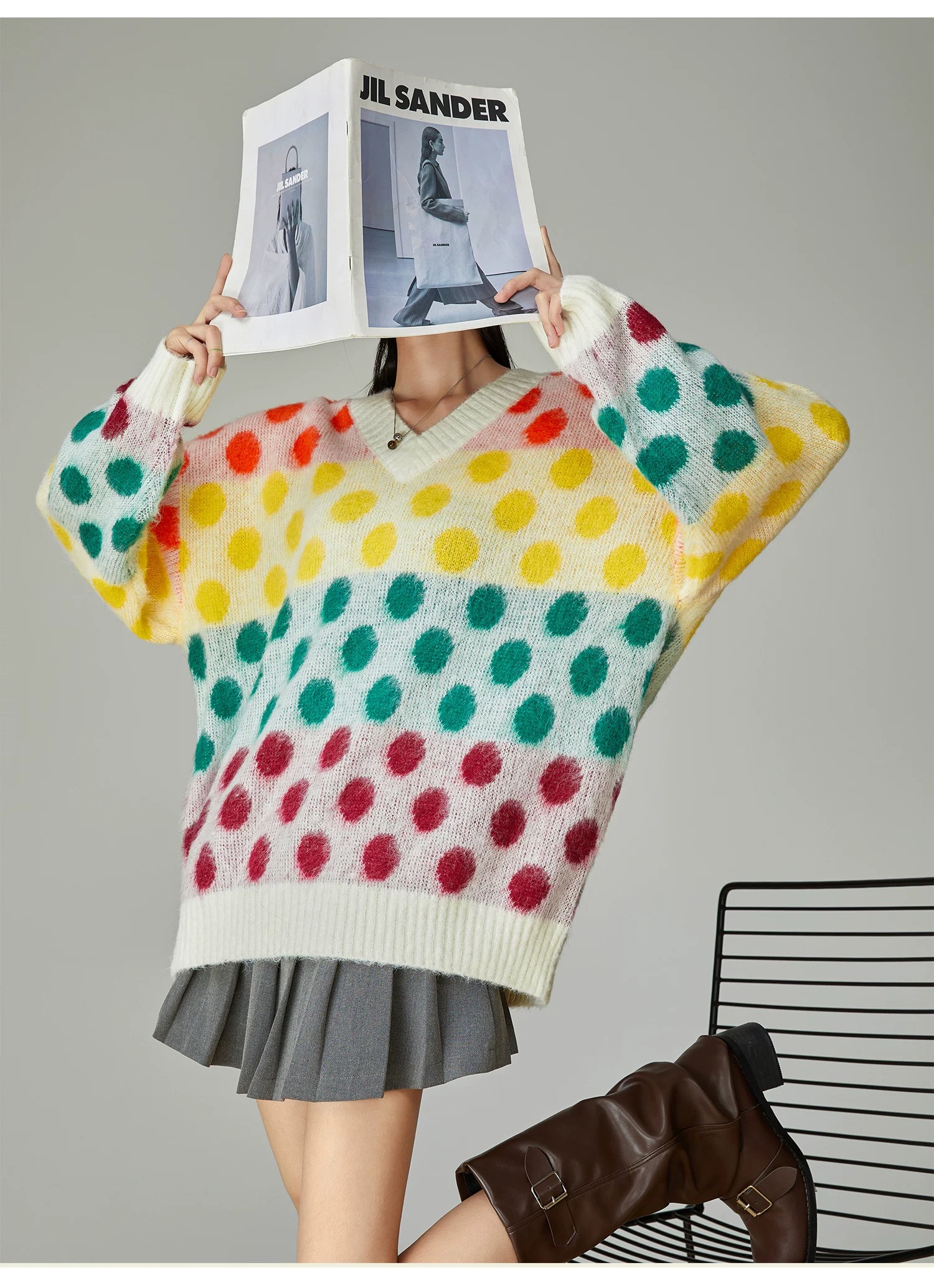 モード系ファッションカラフルポルカドットセーター - 鮮やかな彩りで