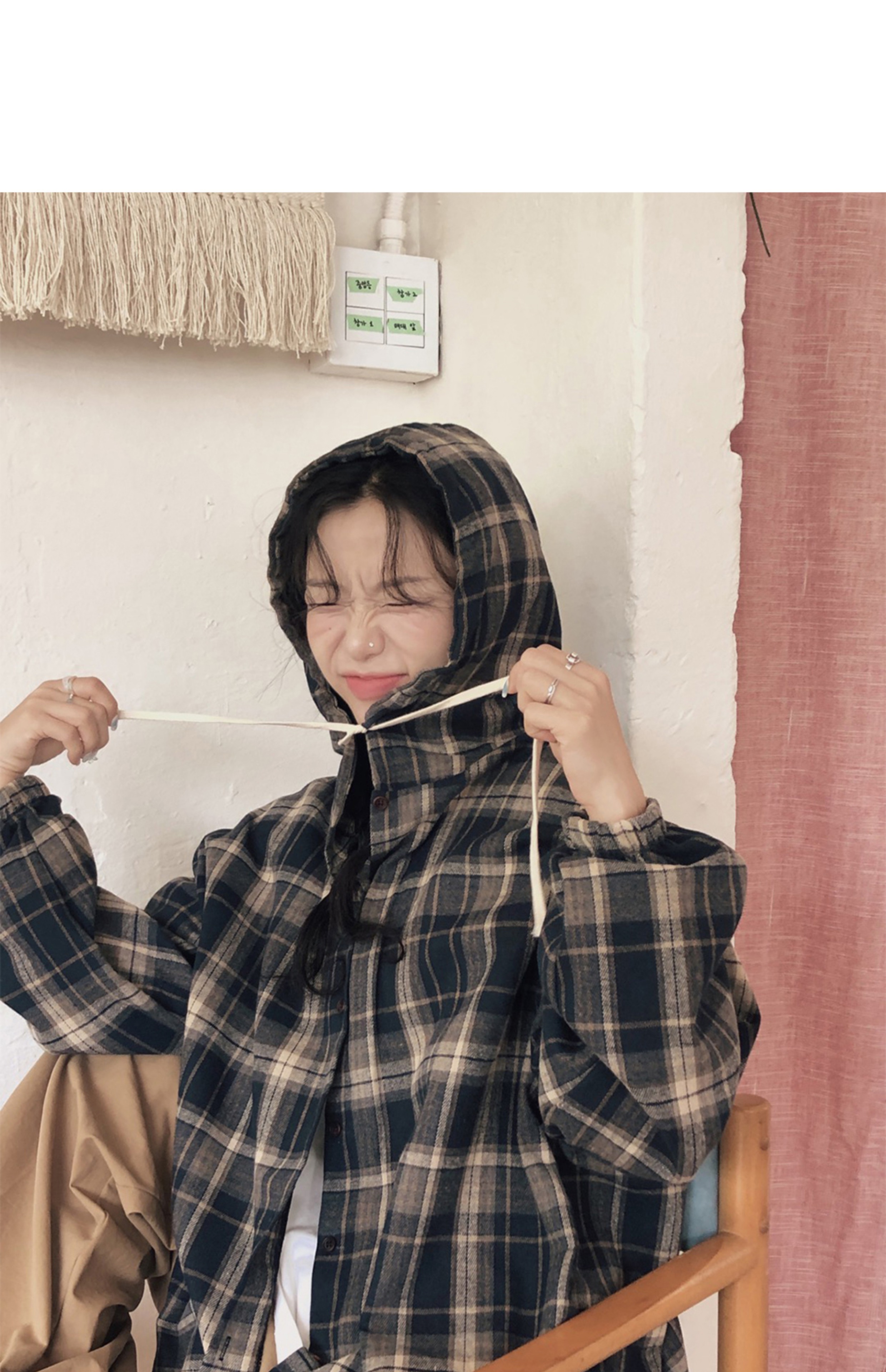 ネイビーコーデ チェック柄フード付きシャツジャケット トップス