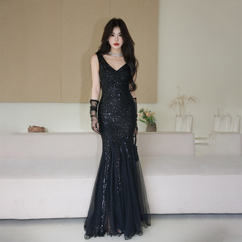 黒ドレス マキシ丈 マーメイドドレス スパンコール Vネック