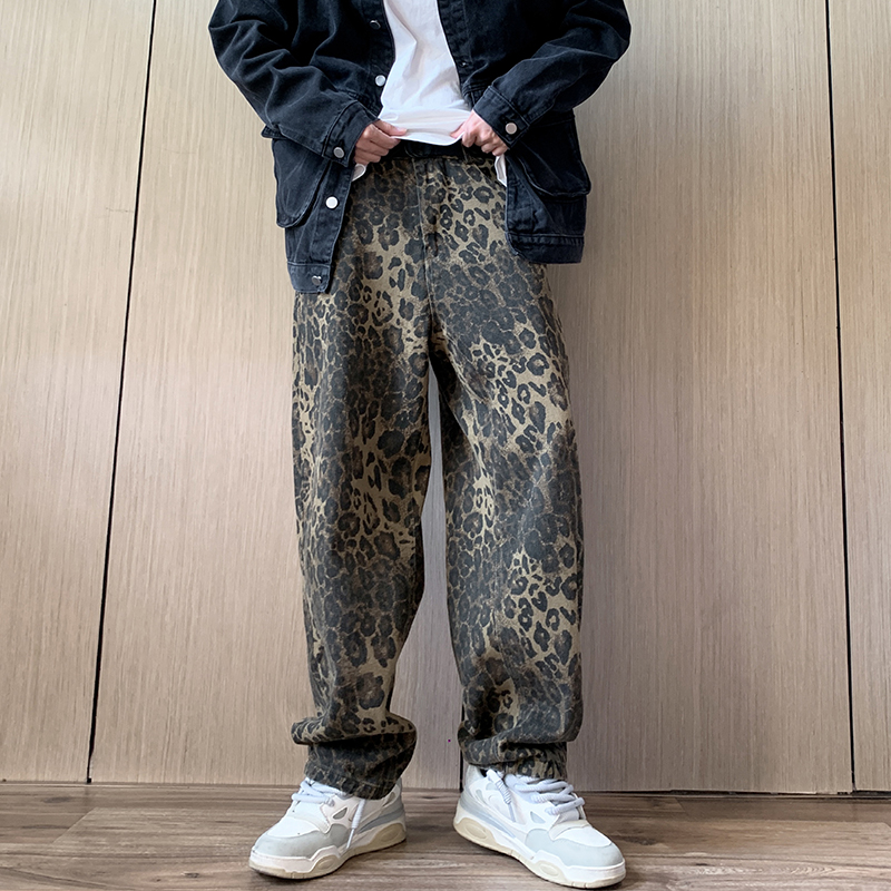 柄 パンツ 豹柄デニムパンツ ワイドストレート メンズ ボトムス