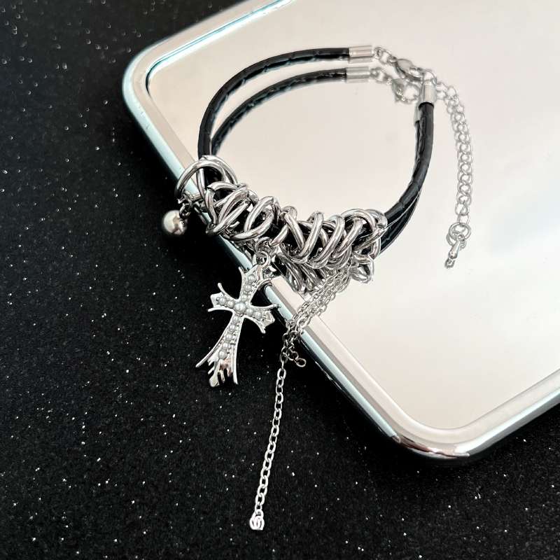 パンクファッション クロスチャーム付きパンクチェーンブレスレット