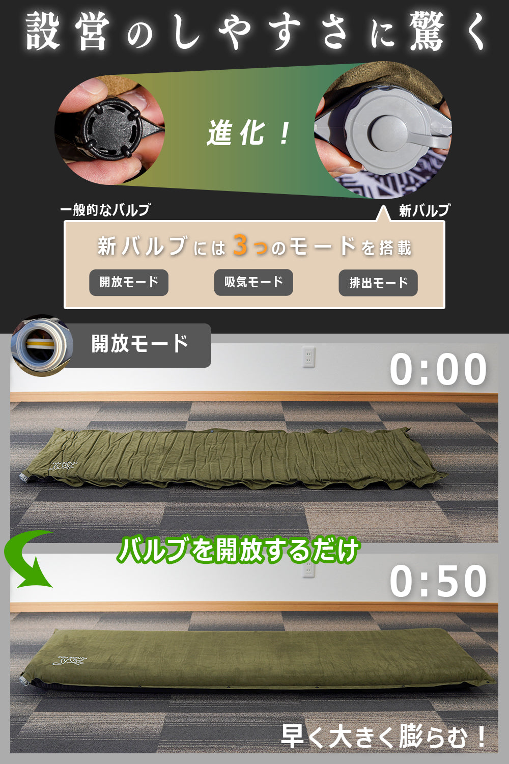 キャンプマット 10cm 自動吸気機能 オートエアバルブ搭載 182cm×57cm