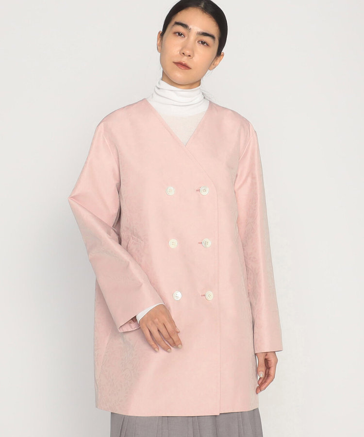 ボタニカル柄ジャカード ノーカラーダブルコート（08-02MG01-204