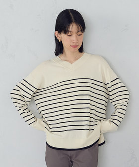 ウォッシャブル】ベーシック ボーダーVネックオーバーサイズニット