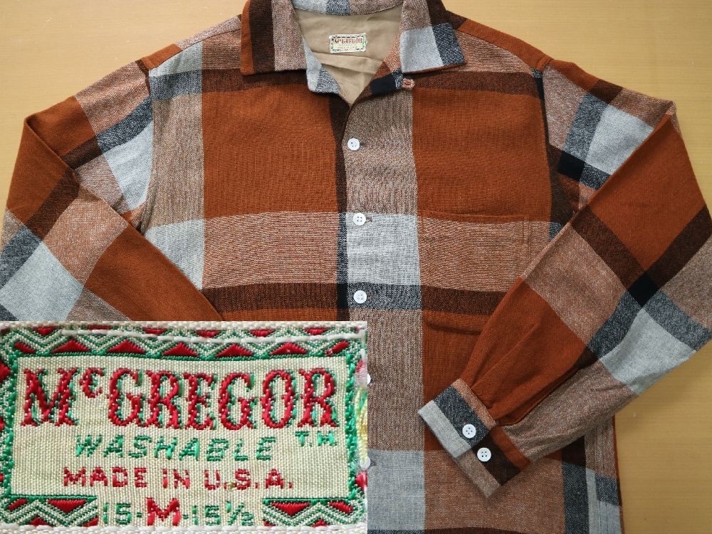 1950s McGREGOR オープンカラー ループ留め ウールシャツ size M 15-15