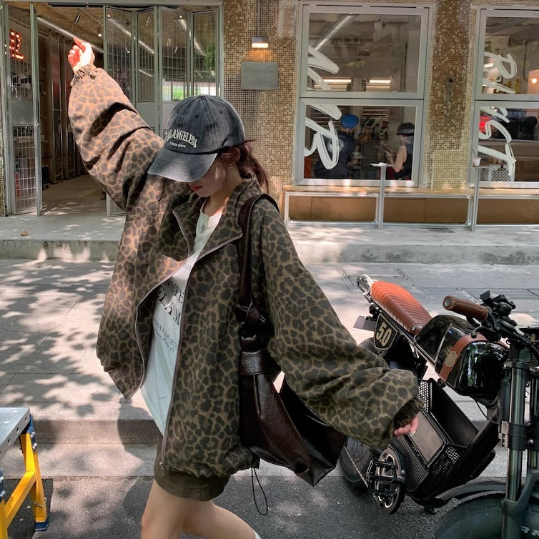 レオパード ジップ ブルゾン レディース 韓国 ファッション オーバー