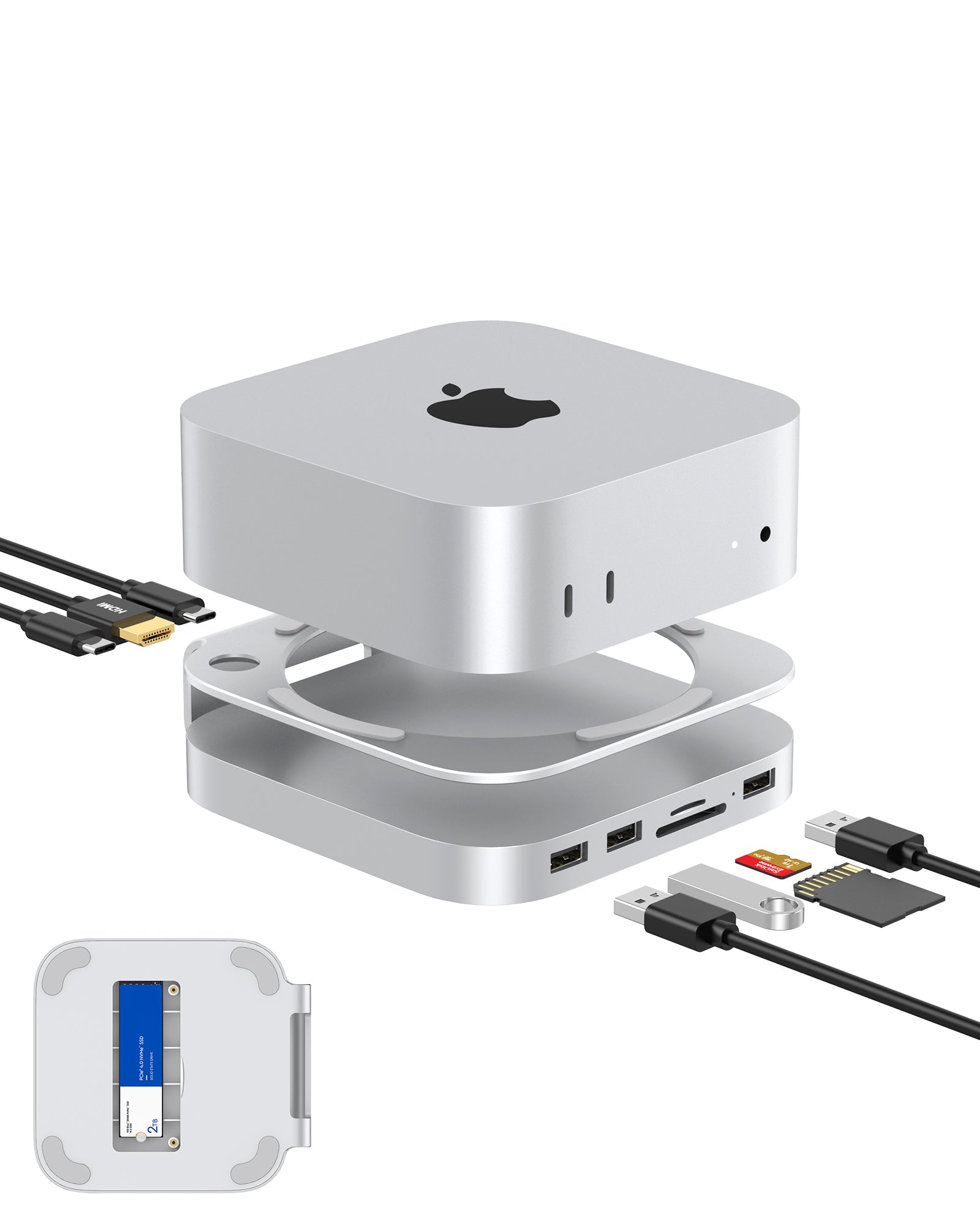 Gewokliy Mac Mini M4 Stand and Hub with M.2 NVMe SSD Enclosure,USB-A 1