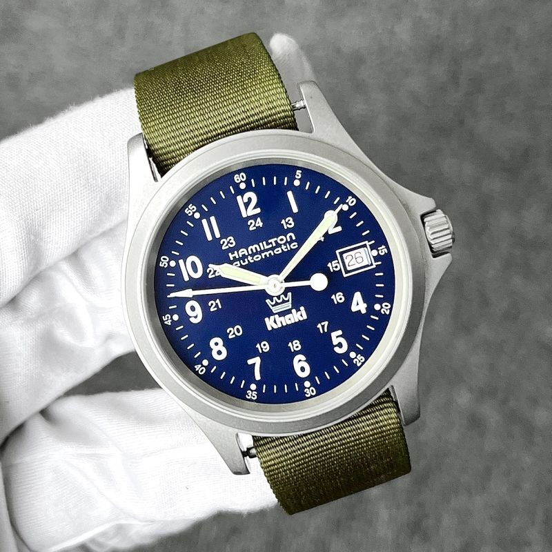 希少 王冠ロゴ HAMILTON ハミルトン カーキ キング 紺文字盤 9823 王冠