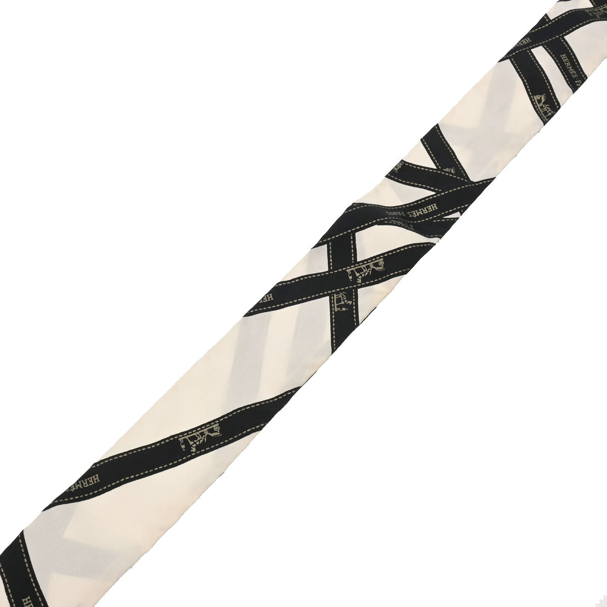 エルメスツイリー Bolduc リボン柄 白/黒 レディース シルク100