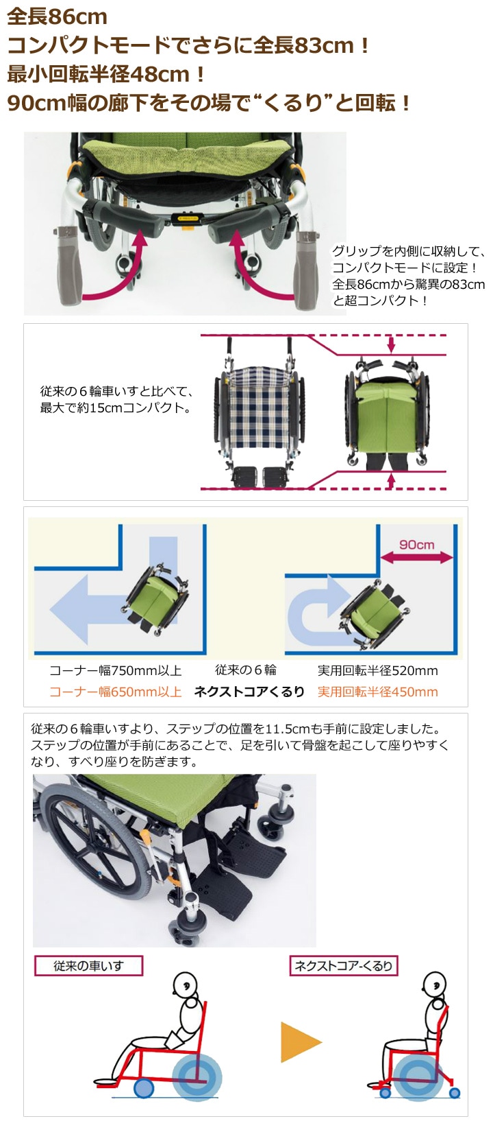 低床型 介助用六輪車いす NEXT-80B「ネクストコア-くるり 介助用（低床