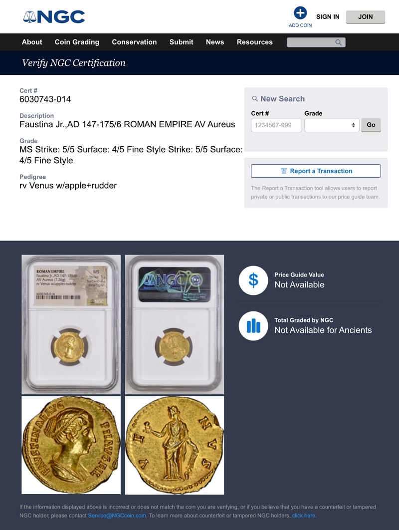 MS・Fine Style】古代ローマ 小ファウスティナ 147-175/6年 アウレウス