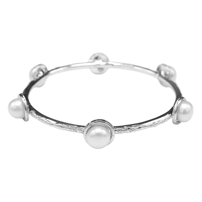 227-01-S-LARGE | HAMMERED SILVER BANGLE W/ 6 ( 9 MM) PEARLS (LARGE