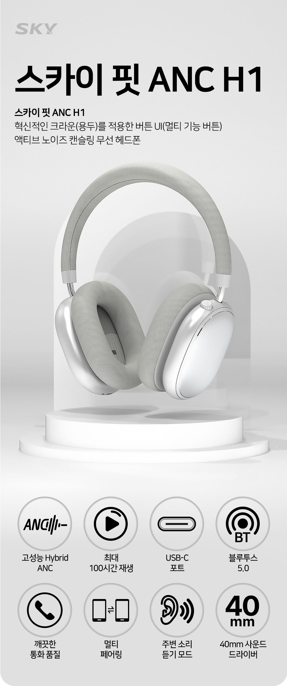 스카이 핏 ANC H1 노이즈캔슬링 블루투스 무선 헤드셋+파우치 | 브랜즈