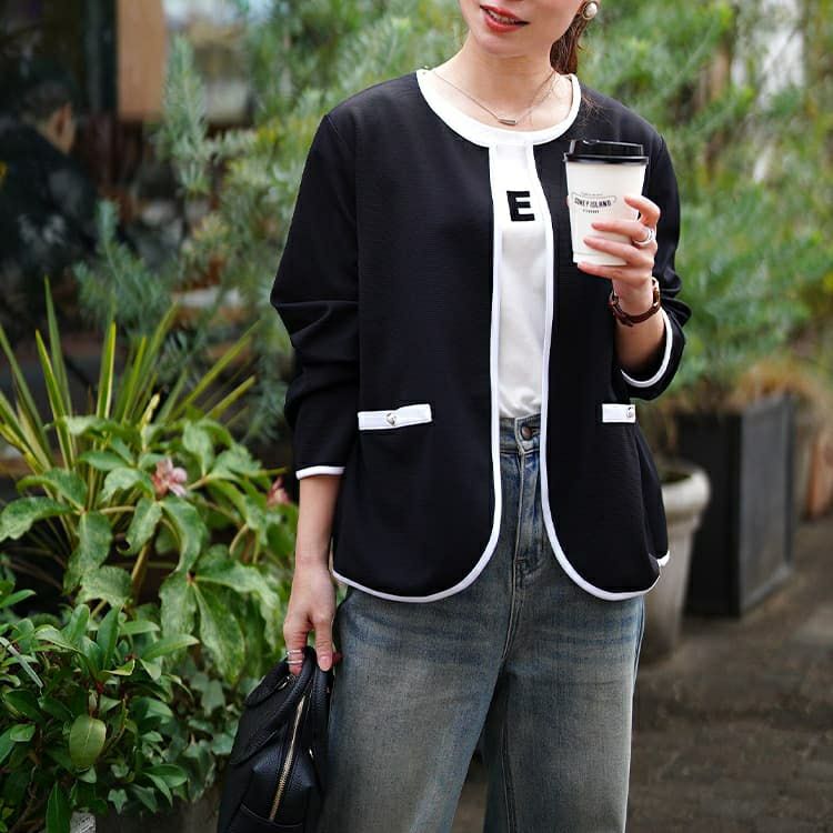 大きいサイズ レディース 配色パイピングノーカラージャケット mncut