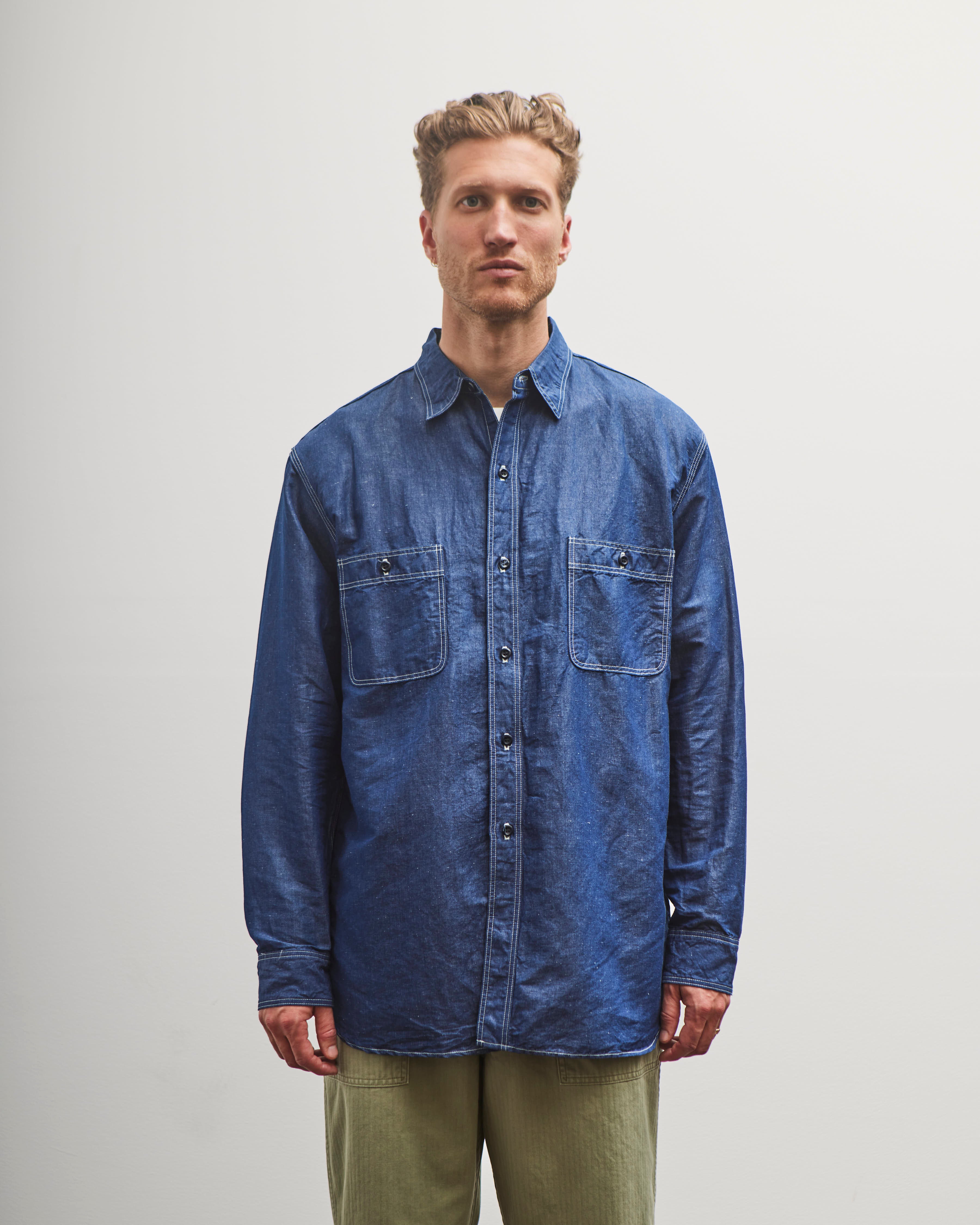 orSlow Linen Dungaree Work Shirt, Blue – Glasswing