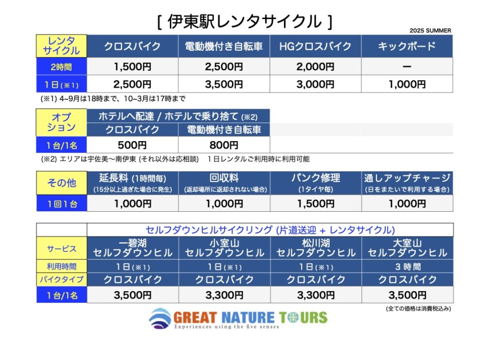 レンタサイクル料金 | Great Nature Tours