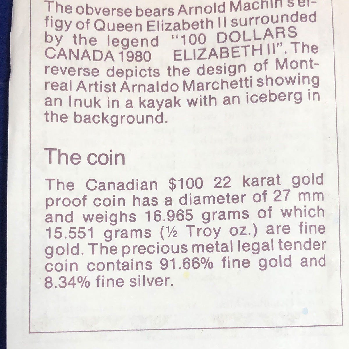 1980 Canadian Proof $100 1/2 oz Gold Coin - Great Lakes Coin