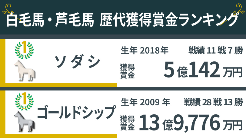 毛色別獲得賞金ランキング！ 白毛1位はソダシ、芦毛1位は13億9776万円