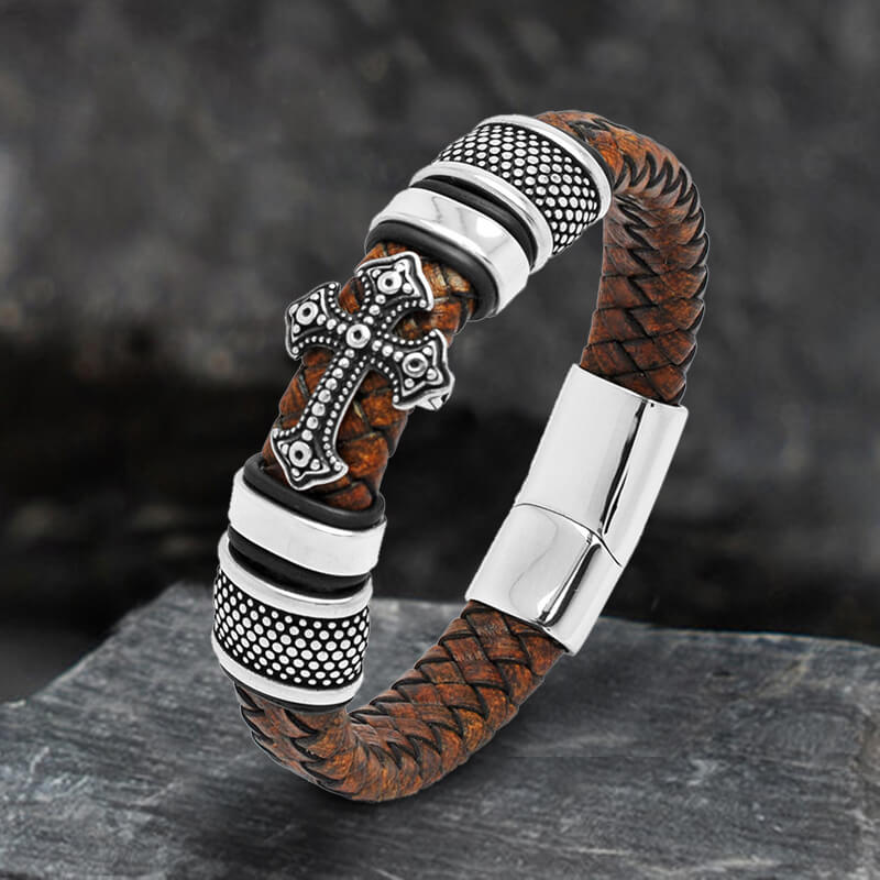Budded Cross Stainless Steel Braided Leather Bracelet – GTHIC