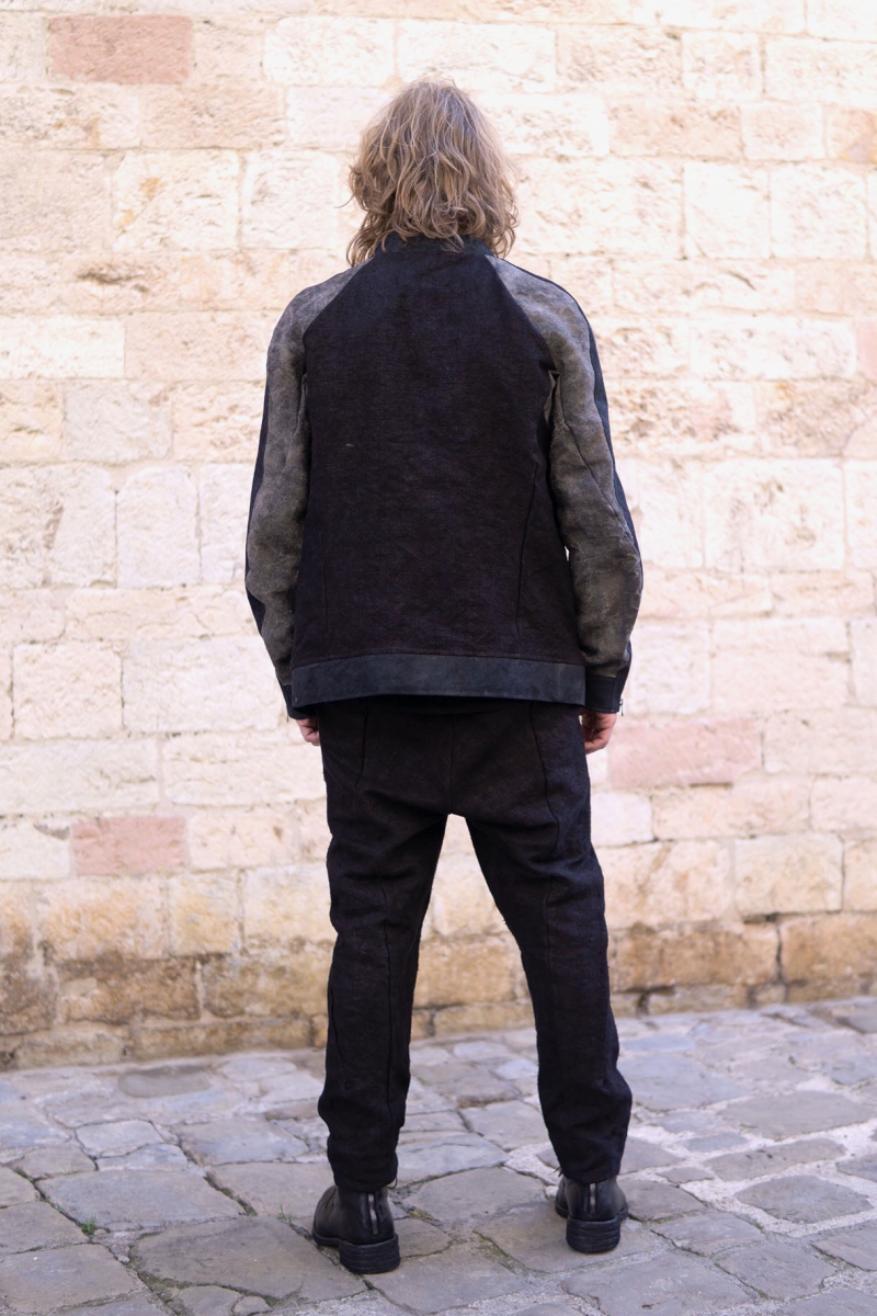 71-41940. VINTAGE LINEN 100% + HORSE LEATHER ZIP FRONT BLOUSON 1/4