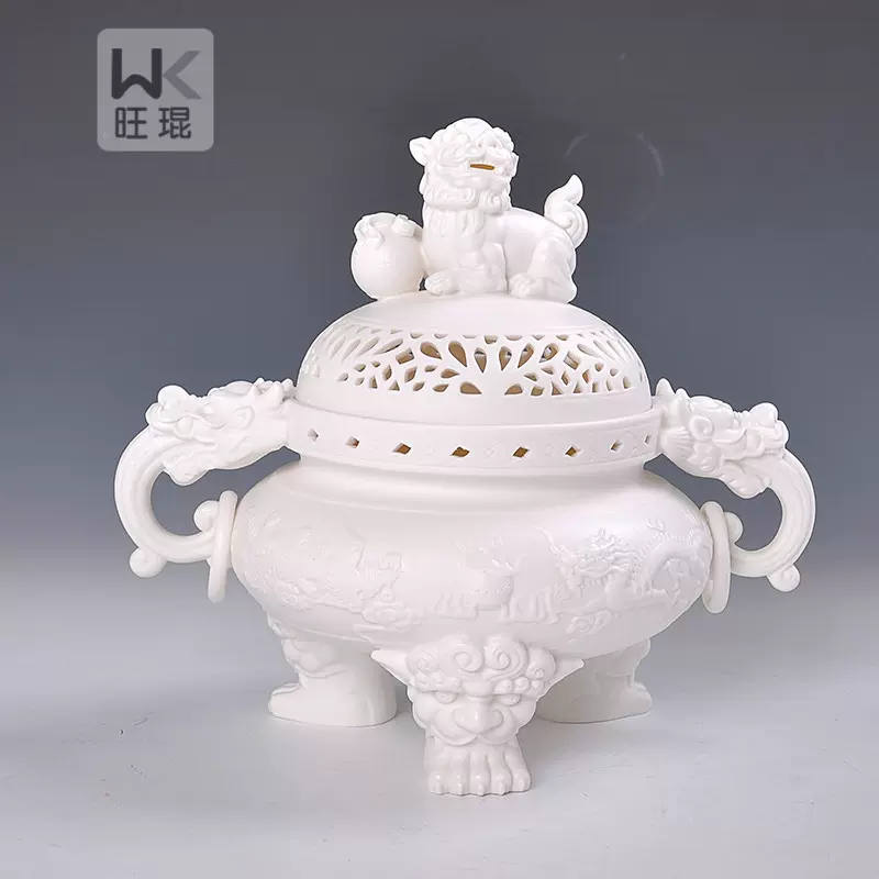 中国美術徳化窯白磁獅子摘三足香炉C6267