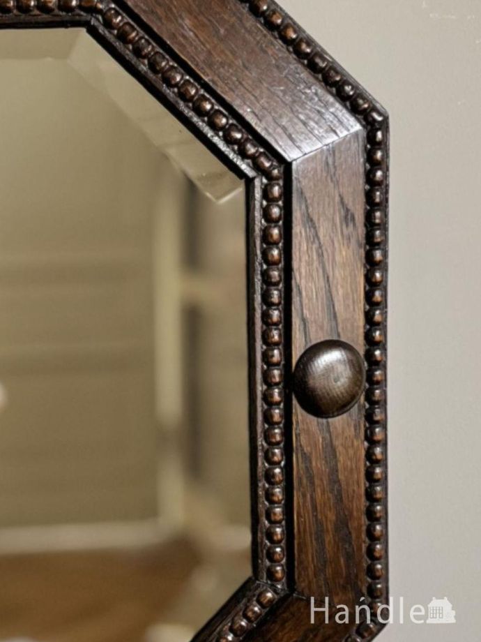 英国アンティークのおしゃれな壁掛け鏡、浮彫が美しいオーク材の