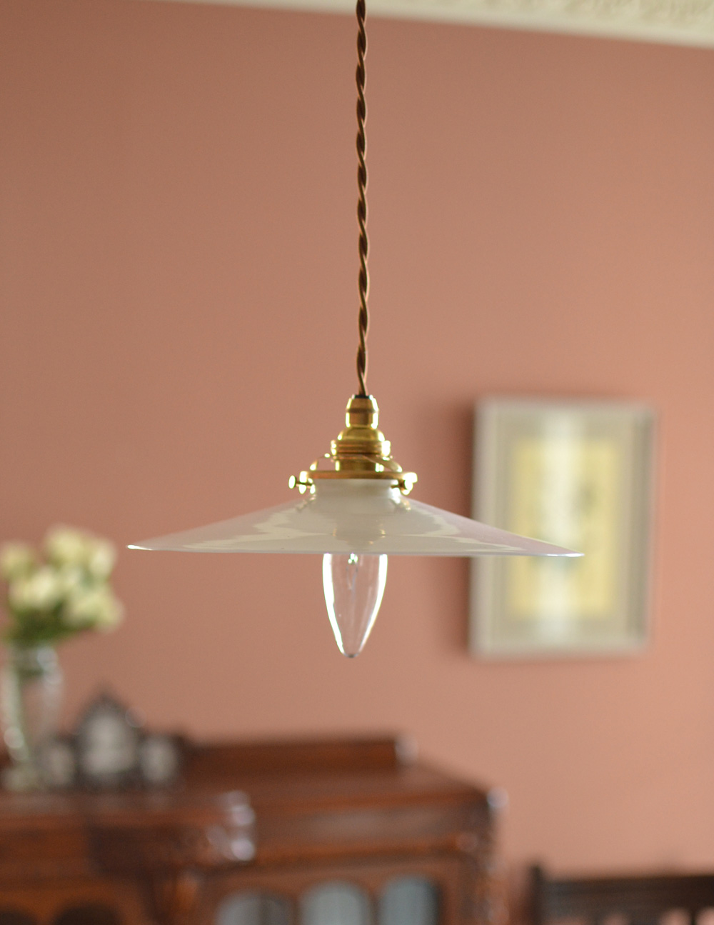 フランスランプアンティーク照明、ミルクガラスのペンダントライト