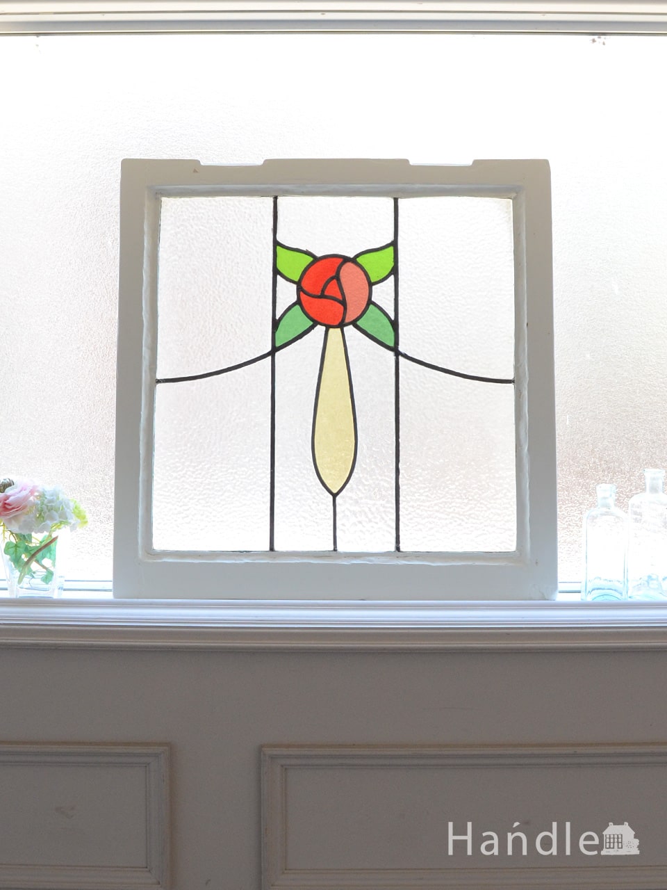 英国アンティークのステンドグラス、キレイな色のアンティークガラス(g