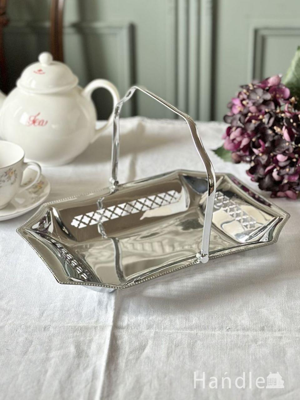 英国のアンティークシルバープレート、持ち手が付いた銀のバスケット(k