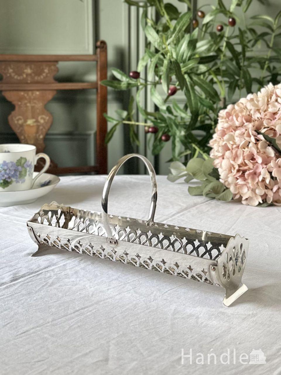 英国のアンティークシルバープレート、持ち手が付いた銀のバスケット(m