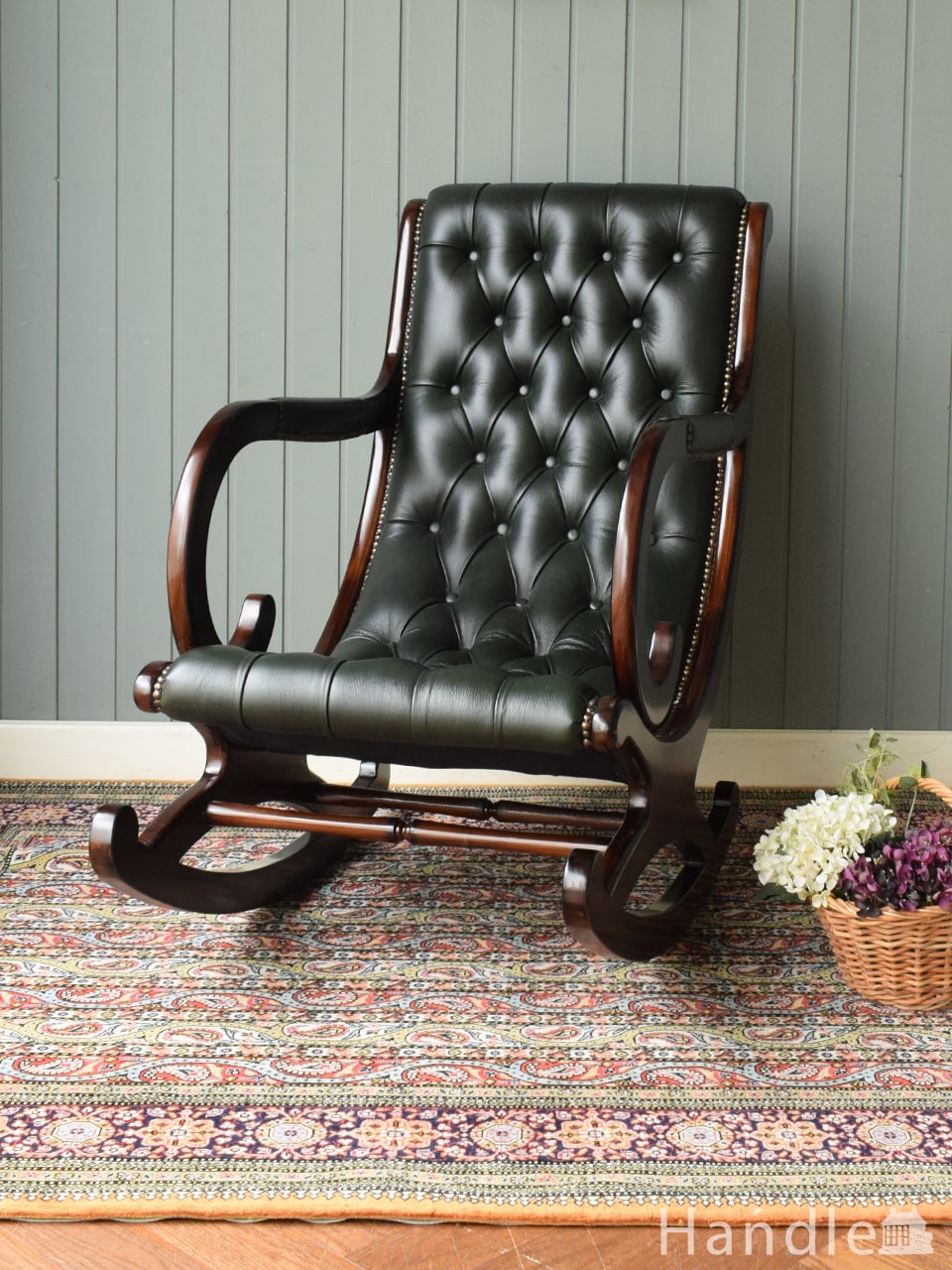 英国の高級感のあるアンティークソファ、革張りのロッキングチェア(z