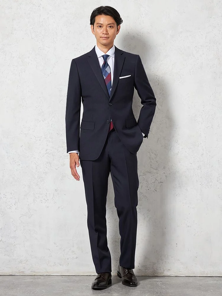 スーツ 2つボタン【WEB限定】4WAYストレッチ ストライプ ネイビー 通年