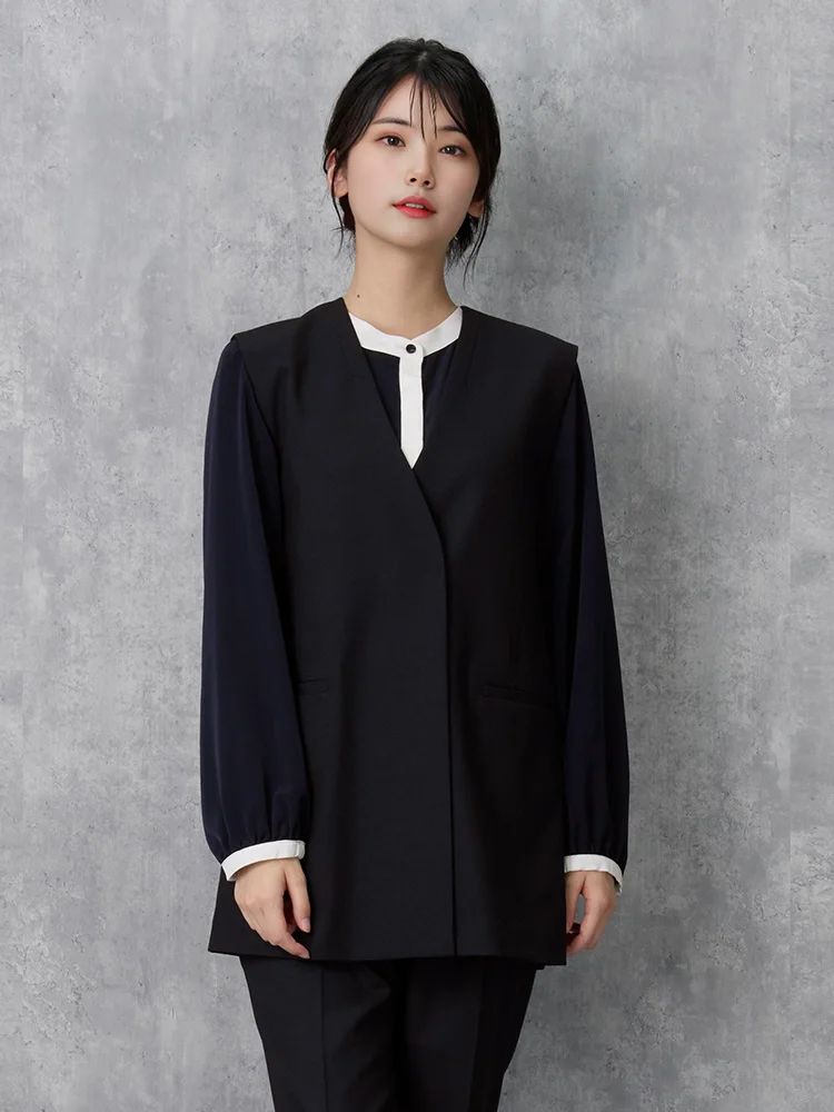 ネイビー 【INDIVI】キャリーマンチェックノーカラージレ ストレッチ